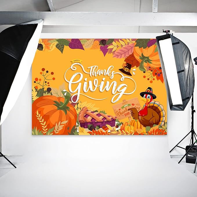 Thanksgiving Backdrop, 84" x 60" Orange Polyester Thanksgiving Banner with Pumpkin, Maple Leaf & Turkey Design, Great for Photo Booth, Wall Decor, Party Supplies