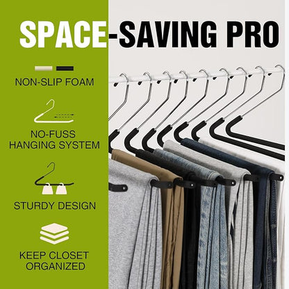 Spring Fever Open Ended Non Slip Sponge Padded Pants Hangers - Chrome Plating Foam Heavy Duty Space Saving Black Long 30
