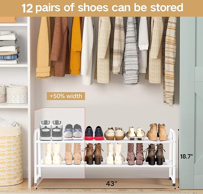 KEETDY 2-Tier Long Shoe Rack for Closet Entryway Shoe Organizer for 18 Pairs Sneakers, Metal Stackable Shoe Storage Shelf with Wire Grid for Bedroom, Floor, White