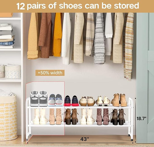 KEETDY 2-Tier Long Shoe Rack for Closet Entryway Shoe Organizer for 18 Pairs Sneakers, Metal Stackable Shoe Storage Shelf with Wire Grid for Bedroom, Floor, White
