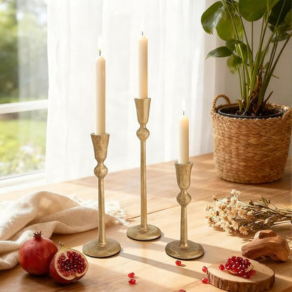 Set of 3 Antique Brass Taper Candle Holders Iron Candlestick Holder for Table Centerpieces Wedding Holiday Decor Vintage Decorative Candelabra Style Candle Stick Stand