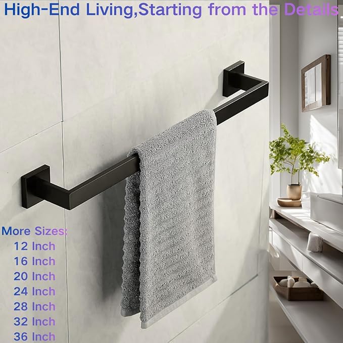 24 Inch Towel Bar for Bathroom 12/16/24/28/32/36 Inch Kitchen Towel Holder Matte Black Towel Rod Wall Mounted SUS304 Rustproof Towel Rack Modern Square Design (1, Matte Black, 24 Inch)