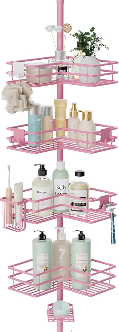 HapiRm Corner Shower Caddy Organizer - Shower Organizer Corner with Soap Holder, Toothbrush Holder and 4 Hooks, Rustproof Bathroom Shelf Tension Pole Available for 27.6 to 108.3 Inch - Pink