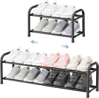ENJOYBASICS Expandable Shoe Rack, 2 Tier Adjustable Shoe Organizer Shelf for Closet, Black Metal Free Standing Shoe Rack Storage for Small Space, Entryway