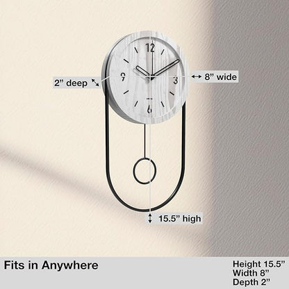 Driini Decorative Wall Clock with Pendulum (White) – Modern Wood, 3D Black Numbers, Metal Frame – Small, Unique Wall Clocks for Living Room Decor or Bathroom - Battery Operated, Silent, Non-Ticking