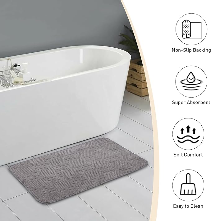 Bath Mats 24x17 Non-Slip Absorbent Bathroom Rug, Quick Dry Machine Washable Shower Tub Mat with Rubber Backing, Soft Floor Carpet for Bathroom Decor Waffle Grey