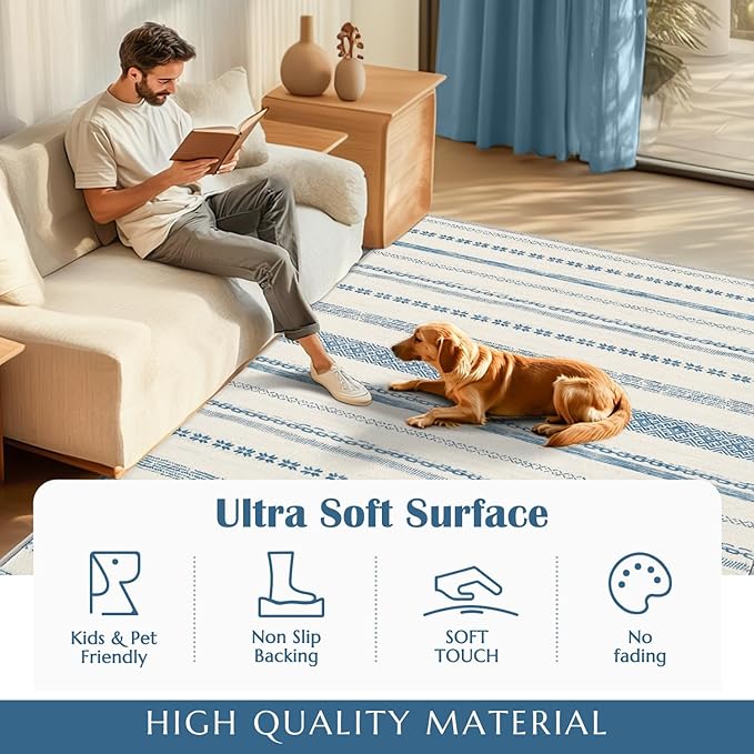 jinchan Moroccan Boho Runner Rug 2x6 - Machine Washable Non-Slip Low-Pile Soft Bohemian Runner Rug for Entryway Hallway Kitchen Bedroom Laundry Room (2‘x6', Blue)