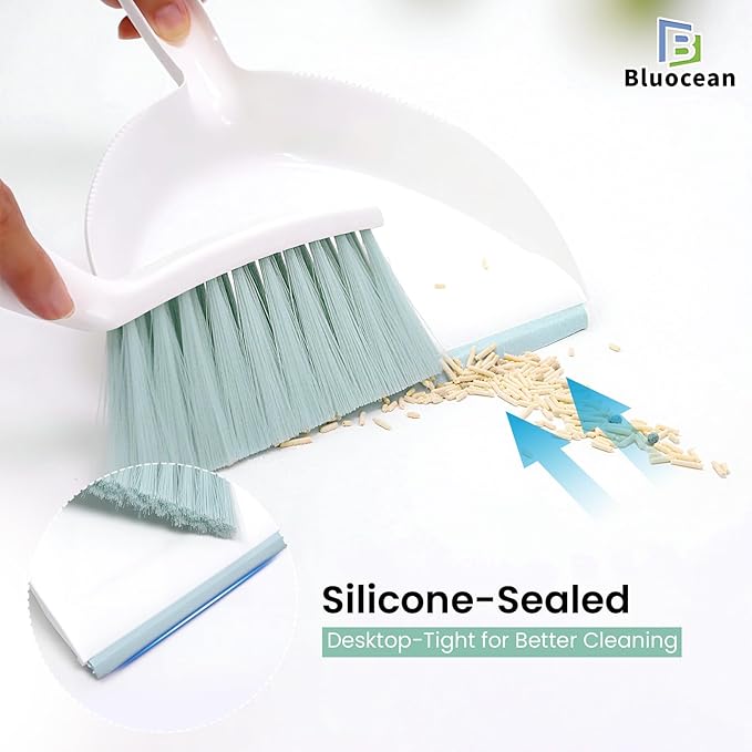 Mini Broom and Dustpan, Plus an Adhesive Hook Set, 7" Dustpan Opening, Bristles for Hair and Small Debris, Mini Portable Hand Brush for Pet, Sofa, Desk, Kitchen (White & Fern Green)
