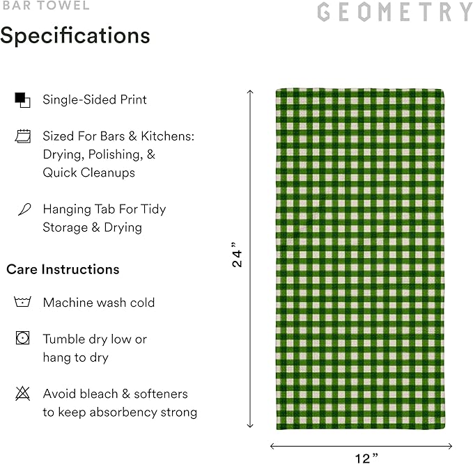 GEOMETRY Bar Towels for Kitchen Premium Towels for Cleaning Dishes & Glassware - Absorbent & Fast Drying Kitchen Towels - Merry Green, 12" x 14" - 1-Piece