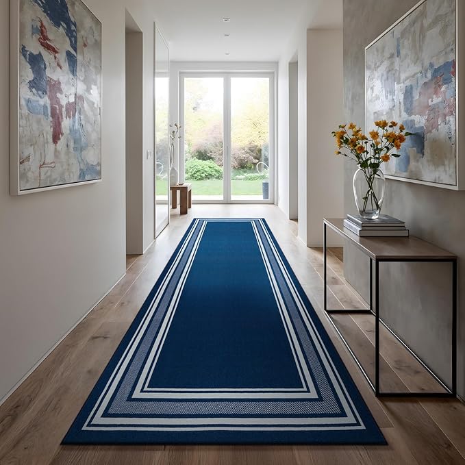 Beverly Rug Non Slip Area Rugs 2x5 Modern Bordered Non Skid Rubber Backing Soft Runner Rug for Living Dining Room Easy to Clean Non Shedding Kitchen Bedroom Indoor Carpet 2 x 5 Navy