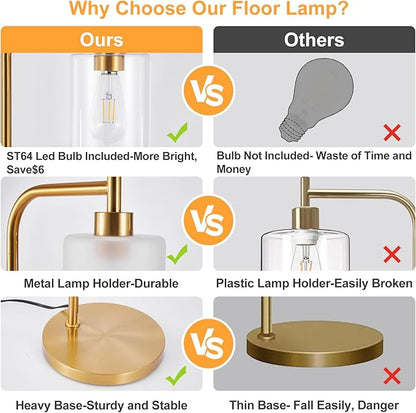 DLLT Floor Lamp Tall for Room: Gold Standing Lamp with Frosted Glass Lampshade for Living Room - Modern Bright Lamp for Bedroom - Industrial Corner Floor Lamps for Office 8W Led Bulb Included