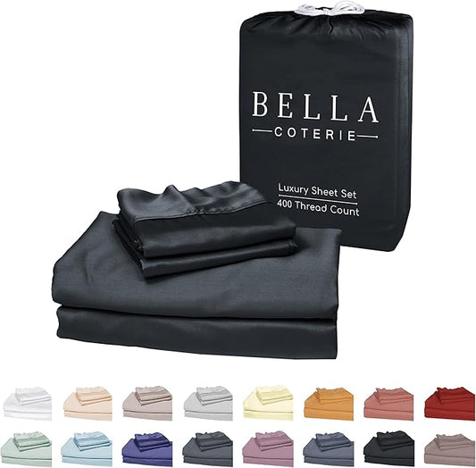 Bella Coterie Luxury Bamboo Viscose Split King Size Sheet Set | 100% Organically Grown | Ultra Soft | Cooling for Hot Sleepers | 18" Deep Pocket [Black]