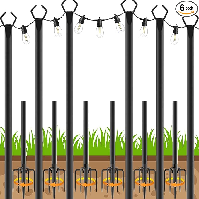 6 Pack String Light Poles, Outdoor String Light Pole 10 ft Forked Metal Light Pole with Adjustable Outdoor Light Stand, Deck, Backyard, Garden, Wedding, Rustproof and Sturdy with Hooks.