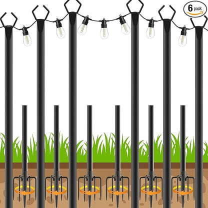 6 Pack String Light Poles, Outdoor String Light Pole 10 ft Forked Metal Light Pole with Adjustable Outdoor Light Stand, Deck, Backyard, Garden, Wedding, Rustproof and Sturdy with Hooks.