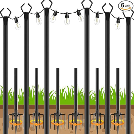 6 Pack String Light Poles, Outdoor String Light Pole 10 ft Forked Metal Light Pole with Adjustable Outdoor Light Stand, Deck, Backyard, Garden, Wedding, Rustproof and Sturdy with Hooks.