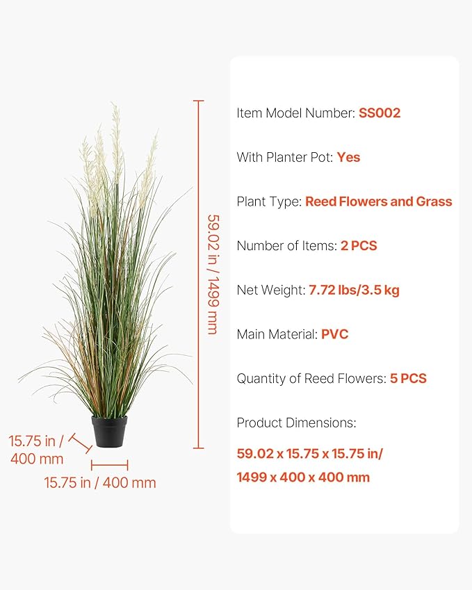 VEVOR Artificial Grass Plant, 2 Pack 59 inch Faux Reed Flower Grass in Pot, Premium PVC Fake Greenery Shrubs Plant for Indoor Outdoor House Home Garden Office Room Décor, Housewarming, Green