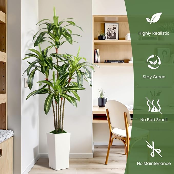 Artificial Dracaena Fake Tree 6FT, White High Pot Artificial Plants Indoor&Outdoor, Fake Plants for Office/Home/Living Room Potted Decoration, 6ft