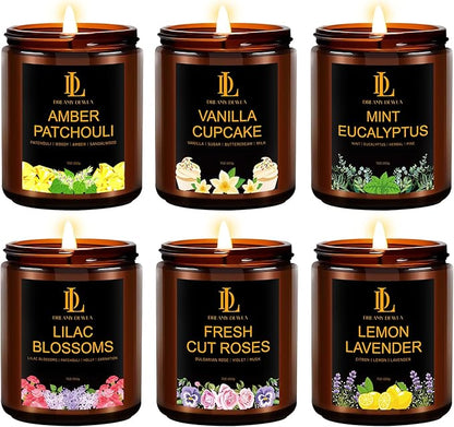 6 Pack Candles for Home Scented, Christmas Holiday Candles Gifts for Women Men, Soy Candle Set Scents of Fresh Cut Roses/Lemon Lavender/Vanilla Cupcake/Amber Patchouli/Lilac Blossoms/Mint Eucalyptus