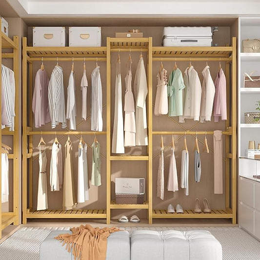 Homykic Bamboo Closet System, Large Clothing Rack for Hanging Clothes, Freestanding Clothes Rack with 7 Shelves & 5 Hanging Rods, Open Wardrobe Closet Organizer Garment Rack with 4 Hooks