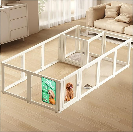 Transparent 14-Panel Dog Playpen, Acrylic Indoor/Outdoor Puppy Pen for Small & Medium Dogs, 30 Inch with Door, White(Fully Transparent 97 * 50 Two Rooms,30 inch)