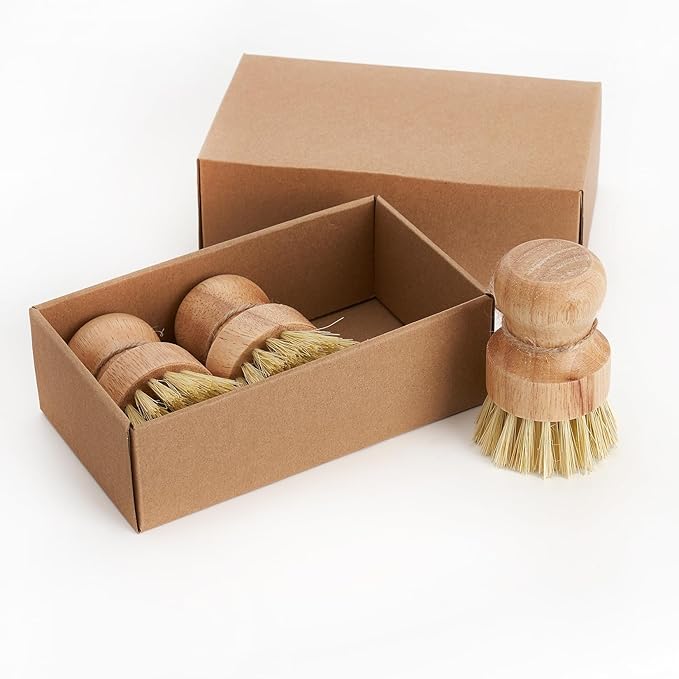 Bamboo Dish Brush Scrubber 3 Pack for Cleaning Pot Pans Hanging Rope Kitchen Dishwashing