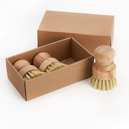 Bamboo Dish Brush Scrubber 3 Pack for Cleaning Pot Pans Hanging Rope Kitchen Dishwashing