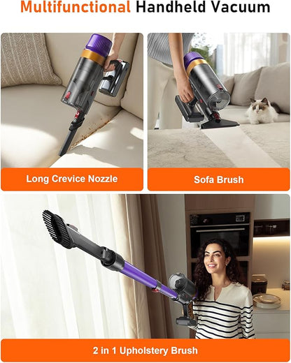 Cordless Vacuum Cleaner, 580W 50Kpa Suction, 70Mins Runtime, Self-Standing Stick Vacuum with LED Display, V-Shape Anti-Tangle Brush for Hard Floor Carpets Pet Hair