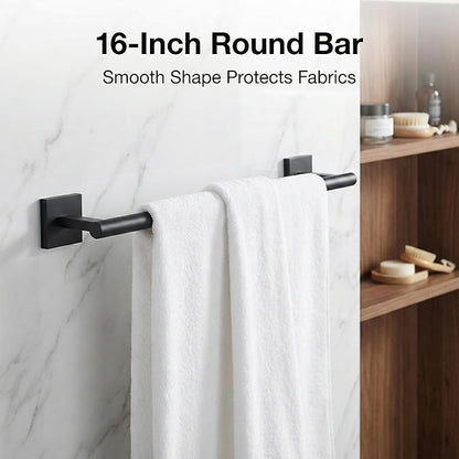16" Matte Black Bathroom Hardware Accessories Set 5-Piece for RV Camper, SUS304 Stainless Steel Rustproof Towel Bar Kit, Durable Powder Coated Finish with 2 Robe Hooks (Matte Black)