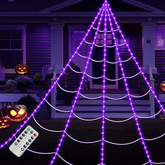 Brighter Spider Web Lights Halloween Decorations Outdoor, 2025 Upgraded 250 Purple LED Lights 16.4ft Lighted Spider Web, 8 Modes with Remote Control, Timer & Memory Function, Perfect Halloween Decor