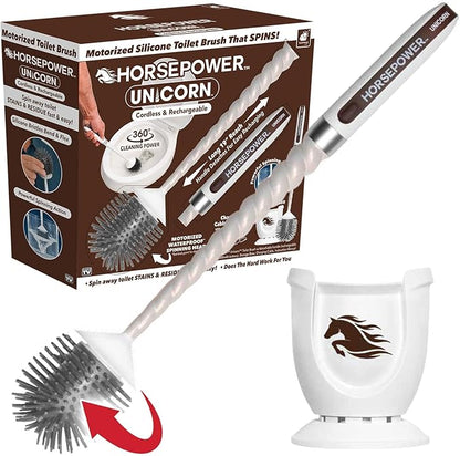 Horsepower Unicorn, AS-SEEN-ON-TV, Motorized Toilet Brush, Powerful Spinning Action, 360 Degree Cleaning Power, Flexible Silicone Bristles, Eliminate Stains & Residue, No Scrubbing, Rechargeable