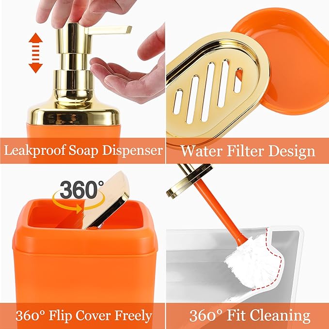 Orange Bathroom Accessories, 24 Pieces Orange and Gold Bathroom Accessories Set with Shower Curtain, Bath Towels, Trash Can, Soap Dispenser and Soap Dish for Bathroom/Housewarming