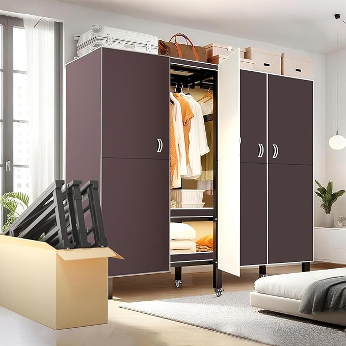 Heavy Duty Clothes Rack with Magnetic Door, Metal Foldable Covered Clothes Rack, Portable Wardrobe Closet System for Hanging Clothes, Rolling Garment Racks for Bedroom (Brown Doors, 49.2in)