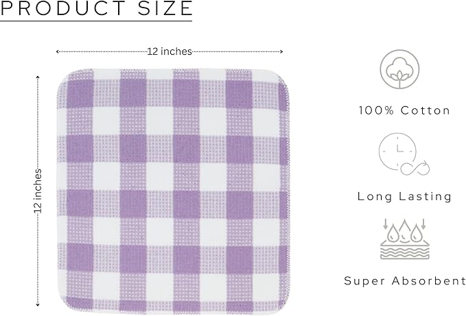 Waffle Weave Plaid Dish Cloths, 100% Cotton - 12 x 12 Inches, Ultra Soft Absorbent Quick Drying Dish Towels Buffalo Check Dish Rags for Kitchen, 8 Pack - Fall Thanksgiving- Lavender & White