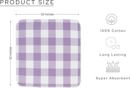 Waffle Weave Plaid Dish Cloths, 100% Cotton - 12 x 12 Inches, Ultra Soft Absorbent Quick Drying Dish Towels Buffalo Check Dish Rags for Kitchen, 8 Pack - Fall Thanksgiving- Lavender & White