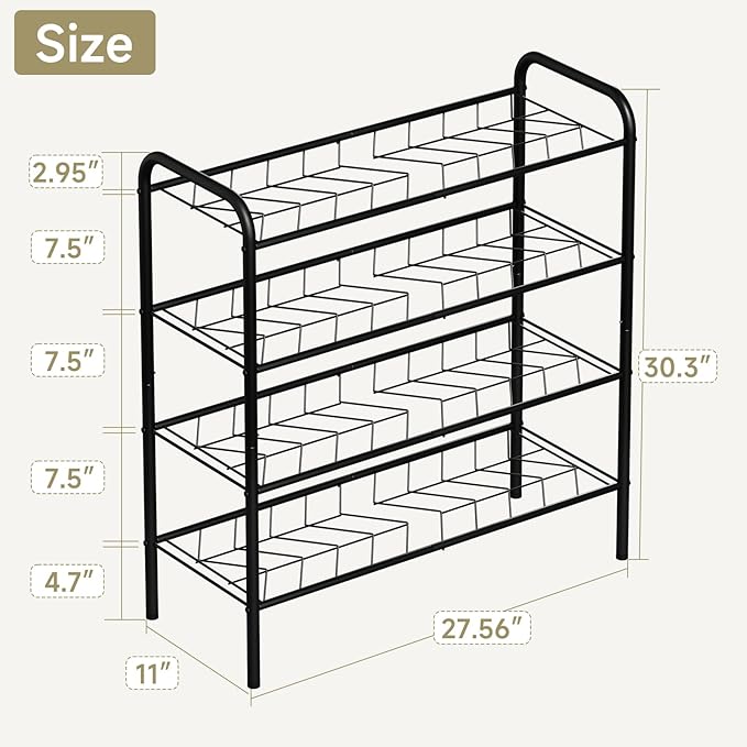 4-Tier Metal Shoe Rack, Free Standing Shoe Storage Rack for Entryway, Closet and Hallway (Black, 4-Tier-Short)