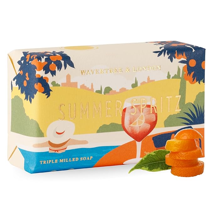 Wavertree & London Summer Spritz Scented Natural Soap Bar, 7oz Moisturizing French Triple Milled Soap Bar for Women & Men Enriched with Organic Shea Butter, Pure Bath & Body Soap (1 Bar)