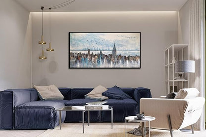 Arjun Cityscape Wall Art New York City Buildings Picture Modern Abstract Grey Skyline Birds NYC Painting Artwork for Bedroom Living Room Bathroom Home Office Decor, Large Size Black Framed 48"x24"