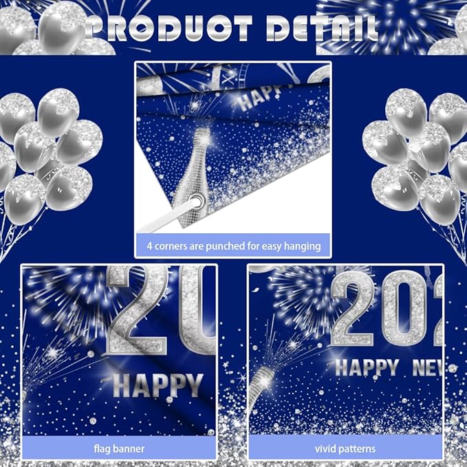 MEHOFOND 7x5 ft Blue and Silver 2026 Happy New Year Backdrop Cheers to 2026 New Year Eve Glitter Photography Background Hello 2026 Party Champagne Balloon Fireworks Decor Banner Cake Smash Photo Props