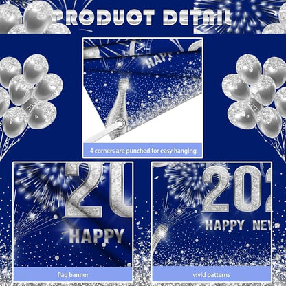 MEHOFOND 7x5 ft Blue and Silver 2026 Happy New Year Backdrop Cheers to 2026 New Year Eve Glitter Photography Background Hello 2026 Party Champagne Balloon Fireworks Decor Banner Cake Smash Photo Props