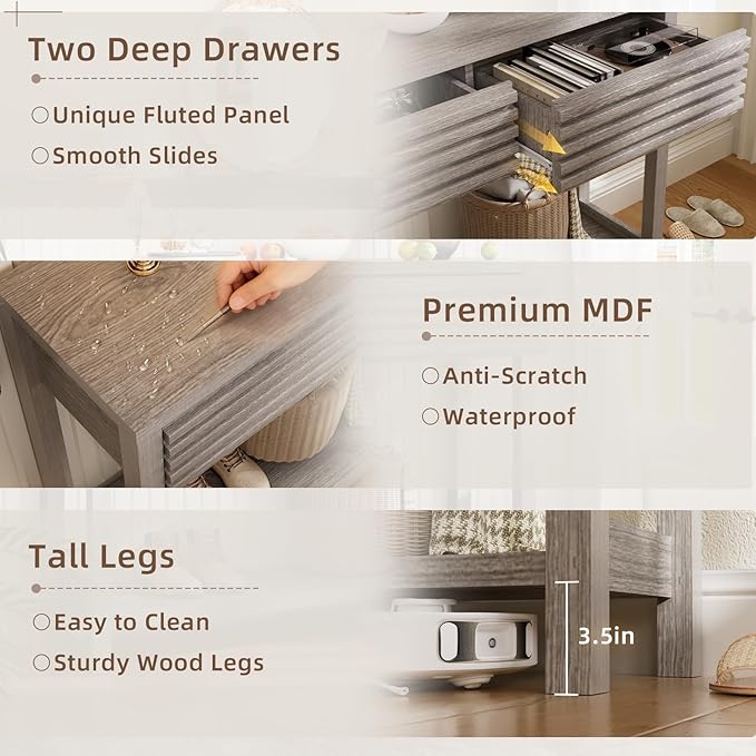 BREEZEHEAT 40" Fluted Console Table with 2 Drawers, Modern Wood 2 Tier Entryway Table with Storage Shelf, Narrow Sofa Table Behind Couch Accent Table for Entrance Foyer, Hallway, Living Room, Gray