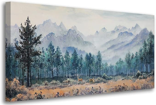 Anolyfi Foggy Forest Mountain Canvas Wall Art, Nature Tree Landscape Painting Textured Wall Decor for Christmas Gift Living Room Bedroom Dining Room Kitchen Office Home Decor 40"x20"