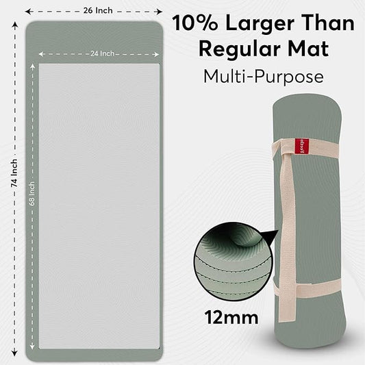 Extra Thick 12mm Exercise Mat – Non-Slip, Joint-Friendly & Cushioned Fitness Mat for Yoga, Pilates & Floor Workouts – Durable, Supportive & Includes Feetlu Classic Strap