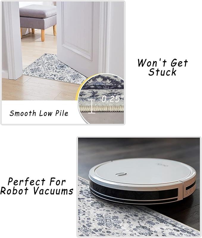 vivorug Runner Rug 2x10 Machine Washable Rug with Non-Slip Backing, Ideal for Kitchen Hallway Entryway Laundry Room - Vintage, Durable, Easy Clean, Low Pile Carpet Runner, Ivory/Blue