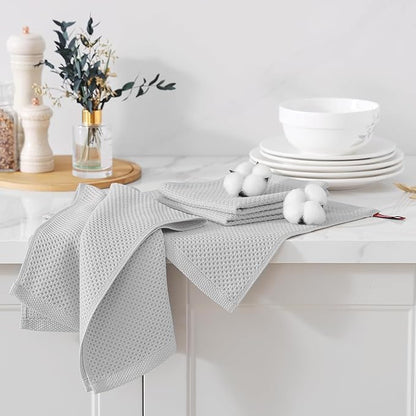 Kitinjoy 100% Cotton Kitchen Towels and Dishcloths Set, 8 Pack Waffle Weave Dish Towels Ultra Soft Absorbent Quick Drying Dish Rags, 13 x 28 Inch and 12 X 12 Inch, Light Grey