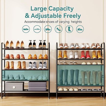 SUFAUY Shoe Rack for Closet, 5 Tier 33" Wide Shoe Storage Shelf for Entryway Bedroom, Stackable, Metal Frame, Black