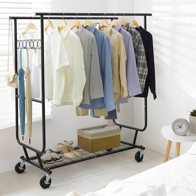 CAPHAUS Heavy Duty Clothes Rack with Double Rods, 660LBS Capacity Rolling Clothing Rack for Hanging Clothes, Adjustable Metal Wardrobe Rack, Garment Rack with Shelf, Wheels, Extendable Rods, Black