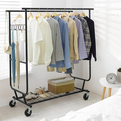CAPHAUS Heavy Duty Clothes Rack with Double Rods, 660LBS Capacity Rolling Clothing Rack for Hanging Clothes, Adjustable Metal Wardrobe Rack, Garment Rack with Shelf, Wheels, Extendable Rods, Black