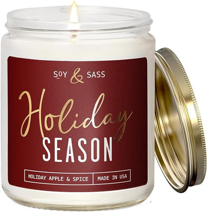 Holiday Candles, Christmas Candles Scented – ‘Holiday Season’ Soy Candle, w/Apple, Cinnamon & Clove - Infused with Essential Oils I Holiday Candle I 9oz, 50Hr, Made in USA