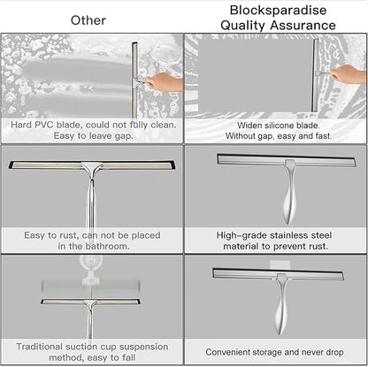 peafowl Shower Squeegee Stainless Steel Bath Squeegee for Shower Glass Doors Bathroom Windows Kitchen Mirror and Car Glass with Hooks Holder (14 inch, Brushed Silver)