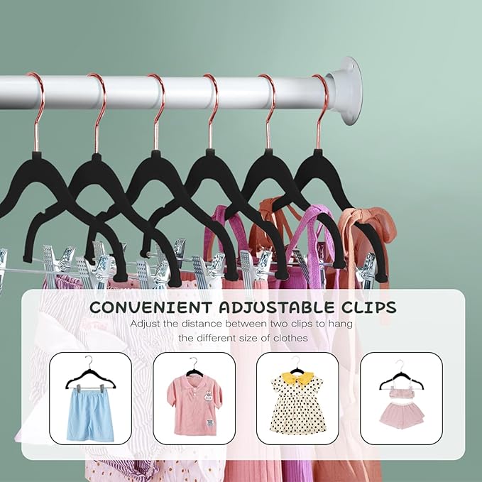 Stormix Baby Hangers - 24 Pack Non-Slip Heavy-Duty Kids Hangers with Clips - Black (Rose Gold Hook) for Shirts, Pants, Skirts, Dresses, Jackets, Coats